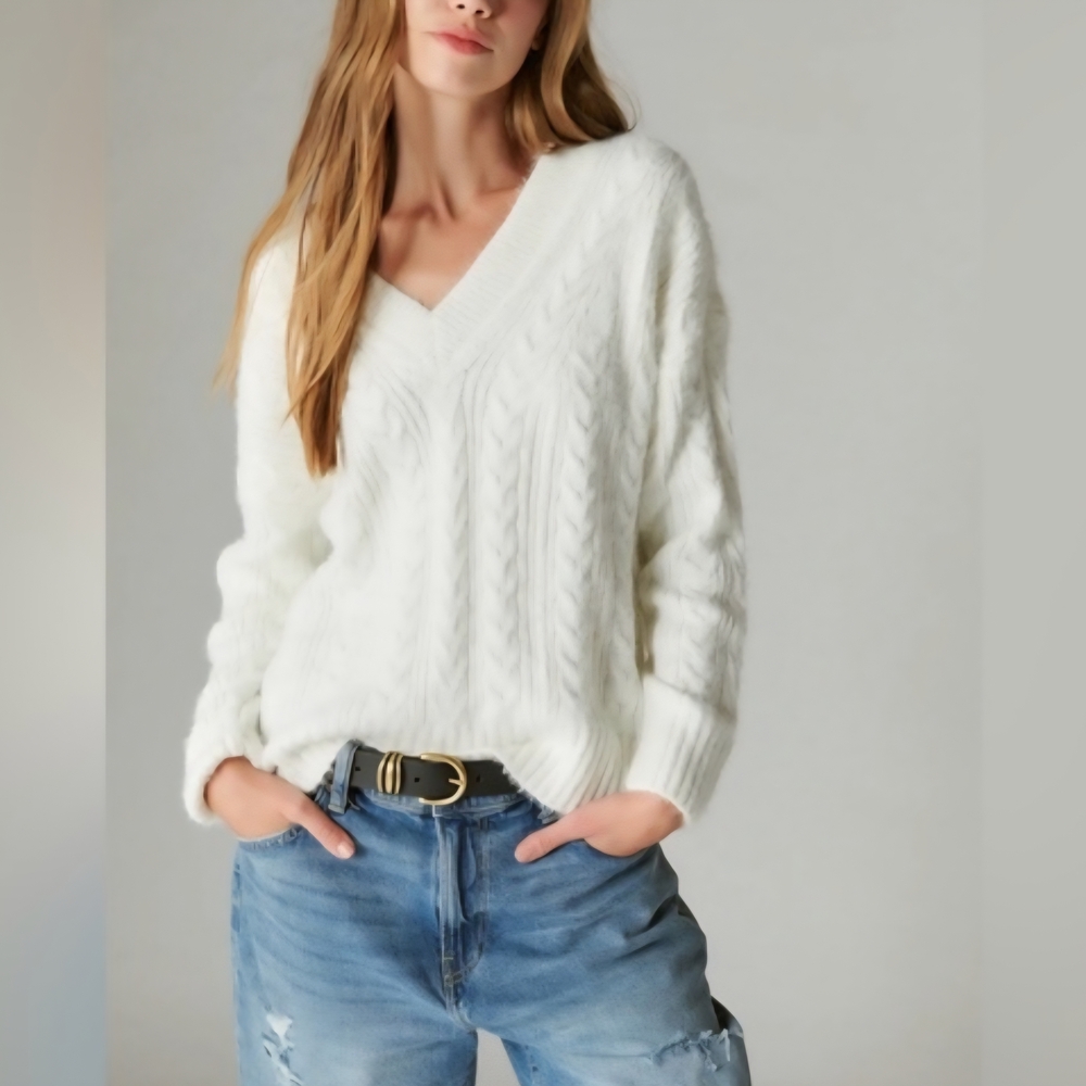 Lucky Brand Fuzzy Cable-knit V-neck Eyelash Sweater. Ivory Textured, Soft Knit.